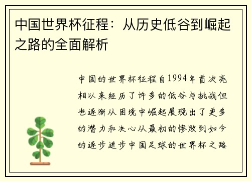 中国世界杯征程：从历史低谷到崛起之路的全面解析